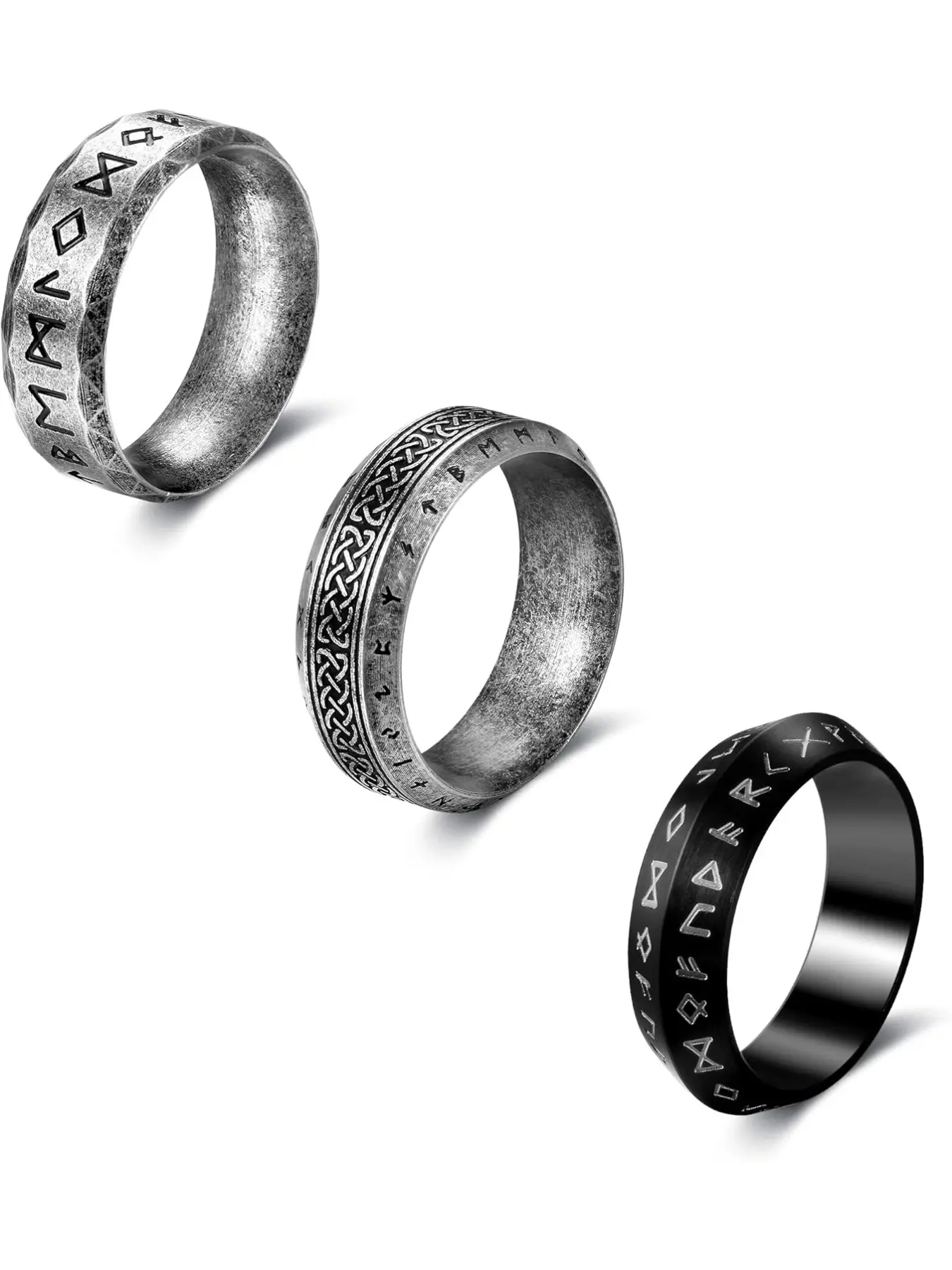 3PCS Stainless Steel Viking Rings for Men, Black Mens Rings, Norse Viking Runes Vintage Ring Celtic Runes Ring Nordic Ring Band Jewelry Gift for Men Women, Stackable Finger Rings
