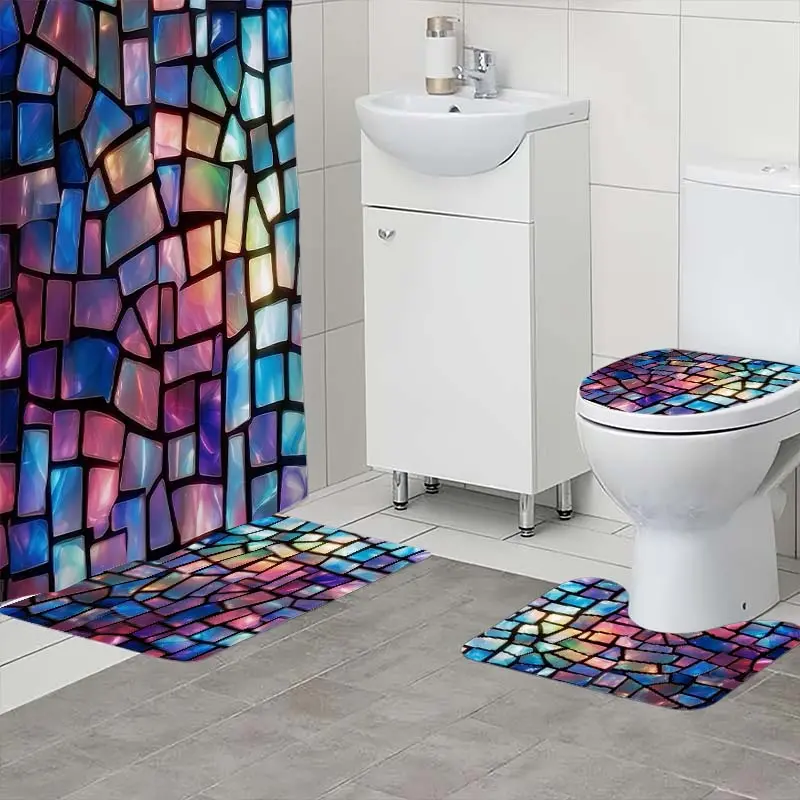 4 piece set of colored glass splicing pattern shower curtain, The 4-piece set includes a single shower curtain, anti slip floor mat, toilet U-shaped mat, toilet lid mat, with shower curtain hook, and belongs to bathroom decoration products