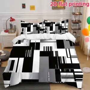 2D Flat 3Pcs Modern Abstract Geometric Black and White Duvet Cover, Striped Blocks Pattern Soft Microfiber Bedding for Adult Bedroom Decor, No Comforter