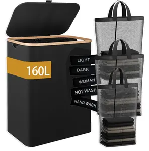 160L Laundry Basket with Lid,Large Laundry Hamper with Bamboo Handles, Hampers for Laundry, Dirty Clothes Hamper with 3 Removable Inner Bags for Clothes Toys Towels,Black/gray