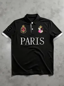 French Vintage Badge Fitted Graphic Polo Shirt, Paris Lettering, Royal Emblem Elements, Colorful Collar, Casual & Light Business Wear, Menswear