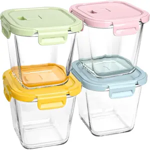 Glass Soup Containers with  32oz - Borosilicate Glass Storage Containers 4 Cup, Freezer to Microwave Safe, Airtight Leak Proof, Square Meal Prep Containers for Lunch Travel- 4 Pack