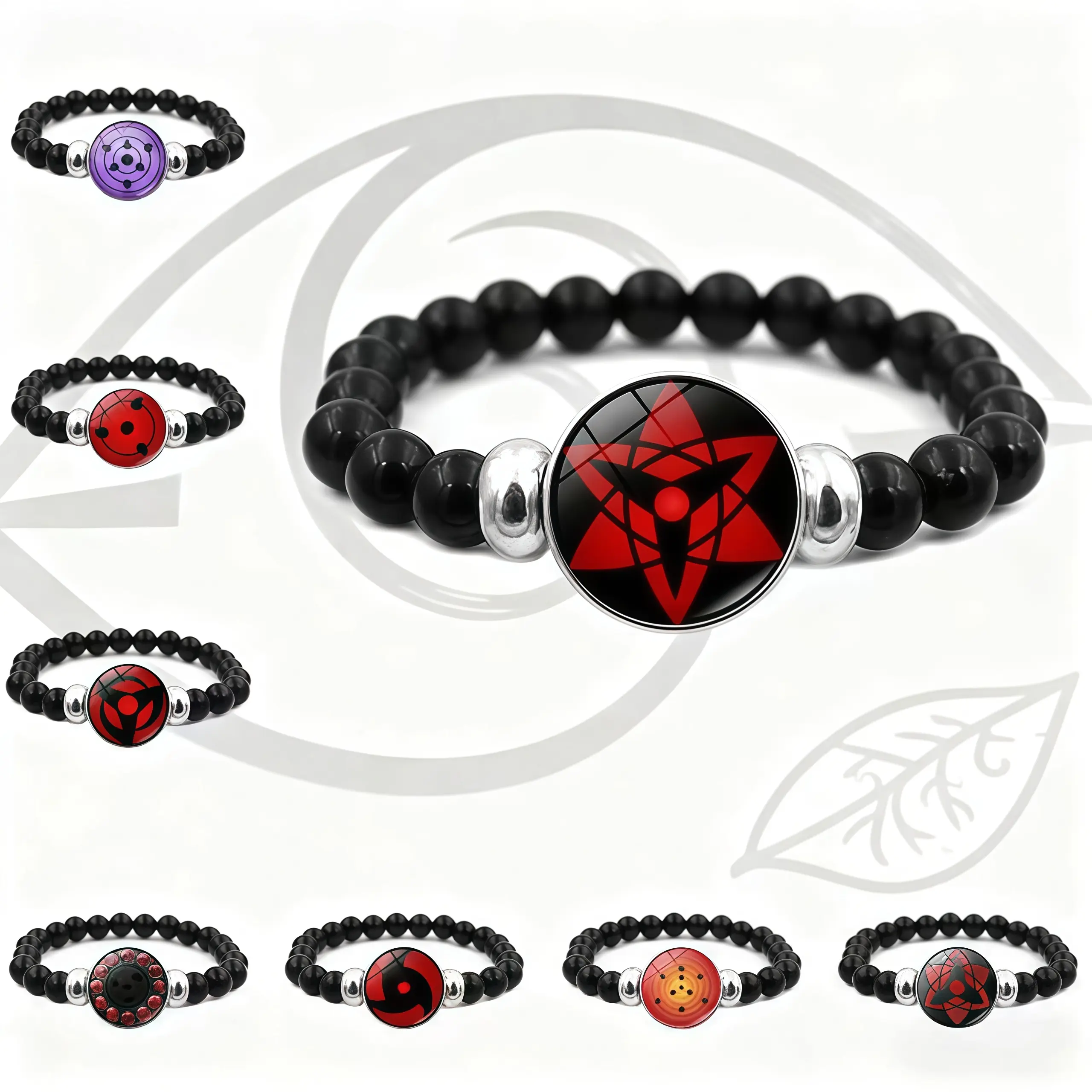 Bracelets for Women & Men, Trendy Anime Sharingan Multilayered Black Beaded Stretch Jewelry, Stackable Uchiha Clan Fan Gifts, Jewelry Gifts