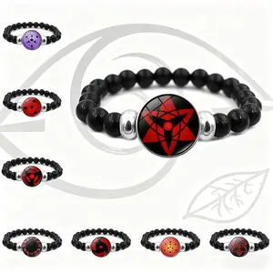 Naruto Mangekyo Sharingan Bracelets Unisex Black Bead String Stretch Multilayered Anime Peripherals Uchiha Clan Jewelry for Male & Female Students Trendy Stack Bangle