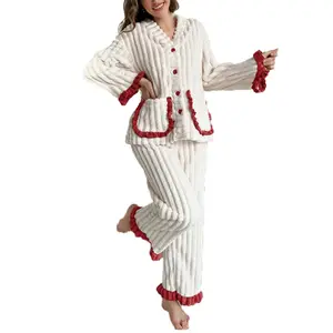 TFNOSIZE Women’s Color Block Jacquard Pajama Set – Thick Fleece Lined Long Sleeve & Pants Loungewear, Sweet Cozy Winter Sleepwear