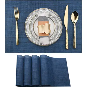 Navy Blue Placemats Set of 4 - Easy Clean Washable Vinyl Placemats - Wipeable Heat Resistant Table Mats for Dining Table - 17x12 Inch (Navy Blue, 4)