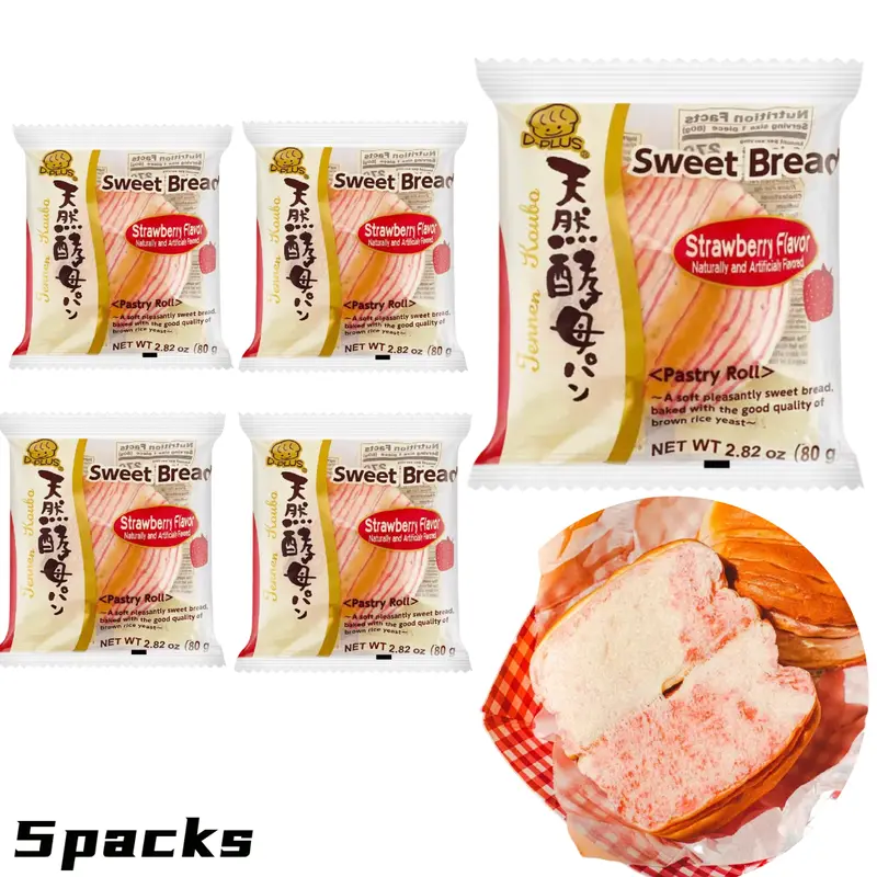 5 Packs D-PLUS Natural Yeast Bread – Strawberry Flavor | 2.82oz Each | Soft, Fresh & Fluffy Snack Dessert Cake