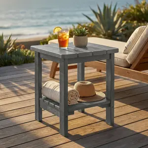 Weather-resistant outdoor side table with two tiers, featuring a storage shelf, a wood-grain finish, and a luxurious, elegant design—perfect for pools and gardens