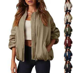 Women's Loose Oversized Zip-Up Bomber Jacket Long Sleeve Fully Lined Winter Outerwear Fashion Casual Tops with Functional Pockets