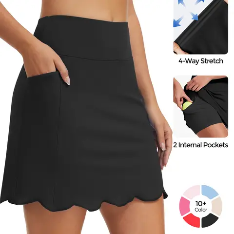 Moteepi Female 18" High Waist Above-the-Knee Scalloped Hem Active Performance Skort - Buttons, 4 Pockets, Stretch, Fitted, Quick-Dry, Breathable, Cold Wash Compatible for Golf/Tennis