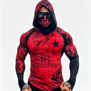 New professional sunscreen men's long-sleeved hoodie, red and black old skull star mask hooded sunscreen, outdoor quick-drying breathable mask integrated long-sleeved T-shirt