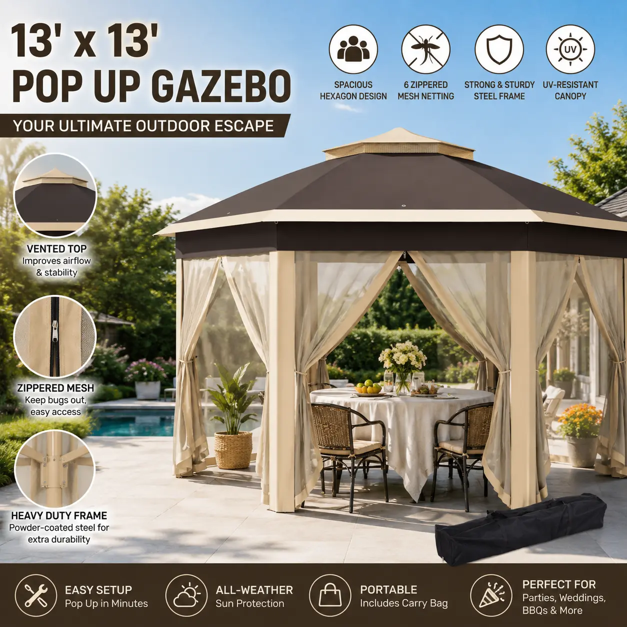 Elon Outsunny 13x13 Pop Up Gazebo Canopy Tent, Hexagonal Outdoor Shelter with Zippered Mesh Netting for Backyard Patio Parties, Beige Steel Frame Event Tent for Weddings, Garden Gatherings, Summer Camping and Backyard Makeover1