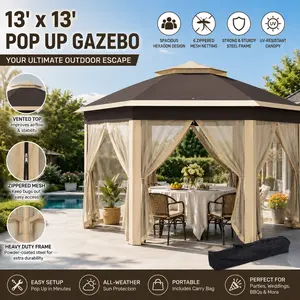 Elon Outsunny 13x13 Pop Up Gazebo Canopy Tent, Hexagonal Outdoor Shelter with Zippered Mesh Netting for Backyard Patio Parties, Beige Steel Frame Event Tent for Weddings, Garden Gatherings, Summer Camping and Backyard Makeover1