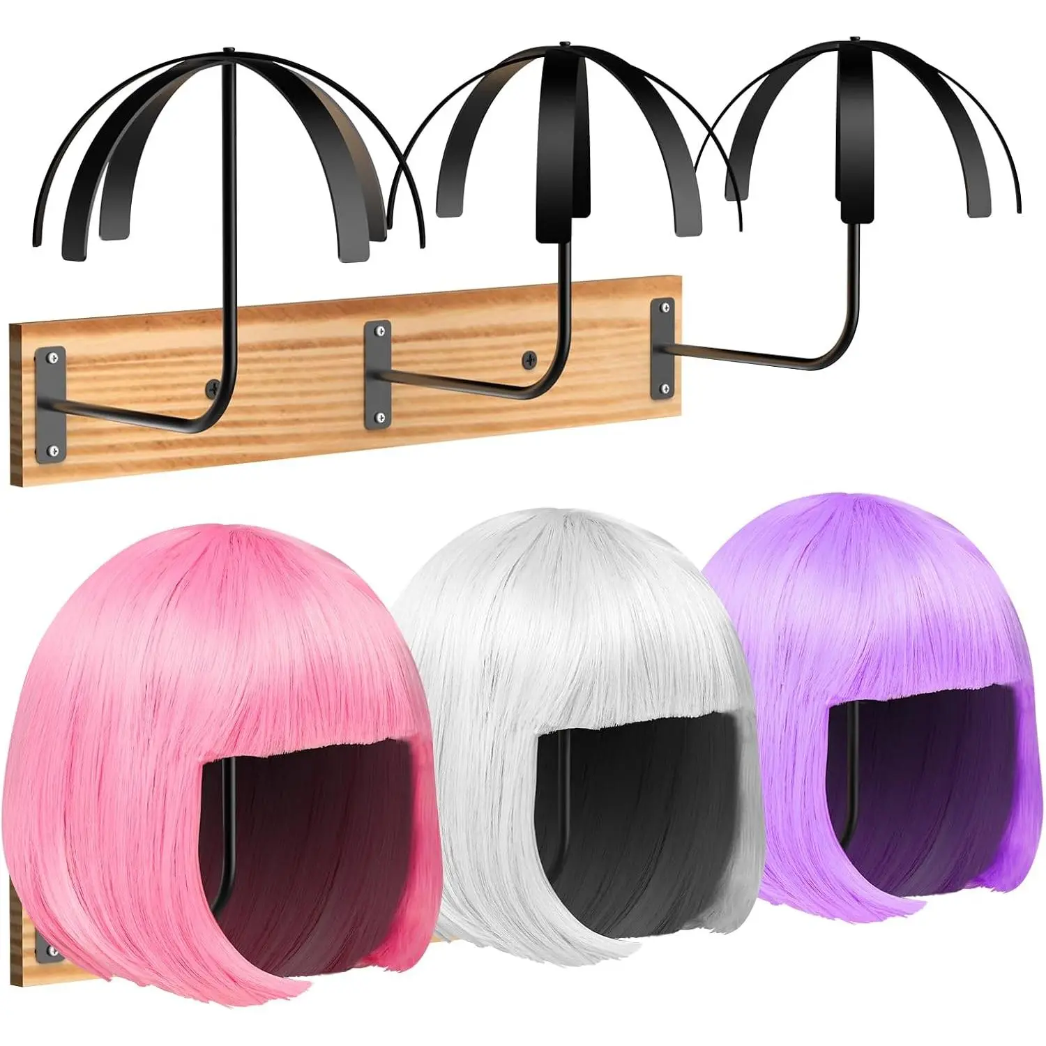 Wig Stand for Multiple Wigs, 6 count Wall Mounted Wig Hanger Holder, Durable Wig Storage Organizer Rack for Display, Storage, Styling, Drying (Carbon Steel and )