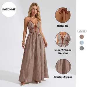 Katch Me Chic Women's Elegant Pinstripe Deep V Neckline Adjustable Halter Maxi Dress,  Summer Lightweight Dresses for Beach Holiday, Comfort Women's Clothing