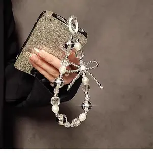 Luxury High-end Bowknot Beaded Chain Lanyard Mobile Phone Case Car Key Chain Bag Pendant Strap Bracelet With Transparent Clip