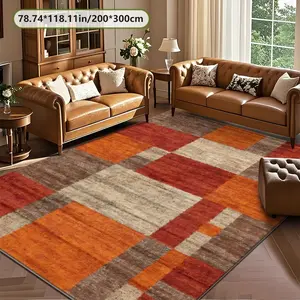 Velvet Soft Comfortable  Red Orange Brown Geometric Patchwork Rug 2D Printing Rug Fashion Home Decor, Commercial Decor Carpet, Living Room Rug, Sofa Cushion Bedroom Rug, Bedside Blanket Door Entrance Mat, Dining Table Carpet