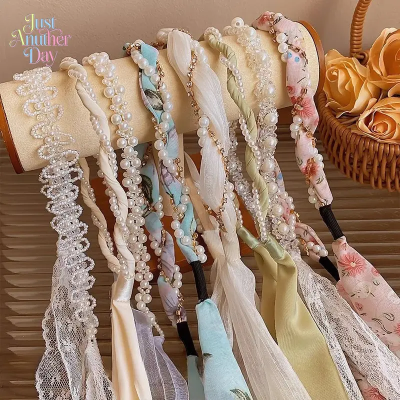 Women's Elegant Pearl Braided Headband with Integrated Scarf Ribbon, Lace Trimmed Tassel Hairband, Vintage Style All-in-One Hair Accessory for Daily Wear & Parties