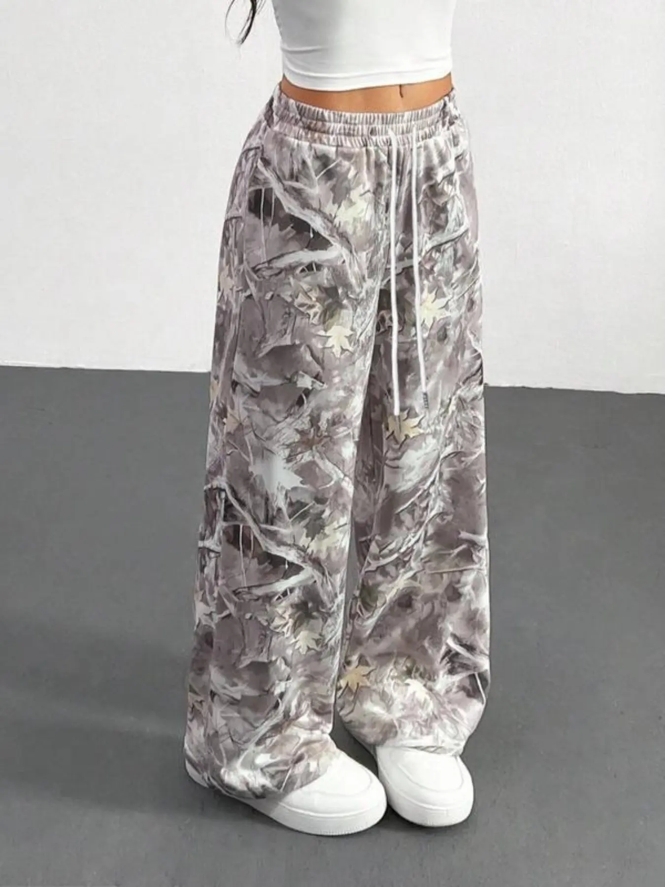 Women's Wide-Leg Adjustable Drawstring Knit Pants, All-Season Loose Fit, Casual Long Straight-Leg Design, Comfortable & Stylish Daily Wear Print