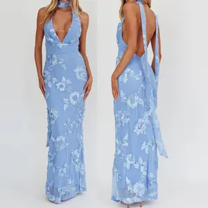 Women’s long dress, sleeveless camisole dress, backless floral cocktail party dress, suitable for parties