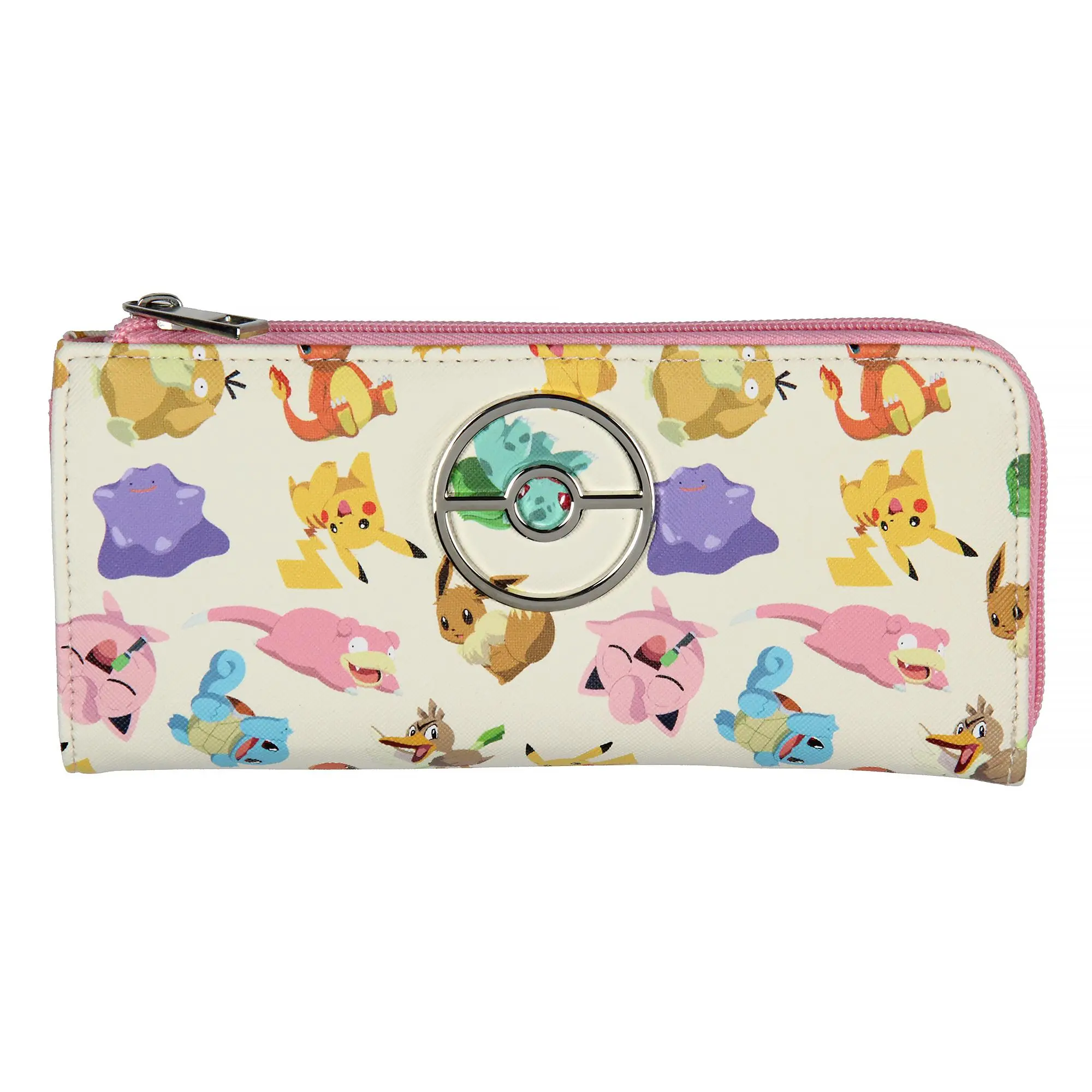 Pokemon Allover Character Zip Around Closure Faux Leather Wallet For Women w/ Metal Pokeball Logo, One Size, Collectibles