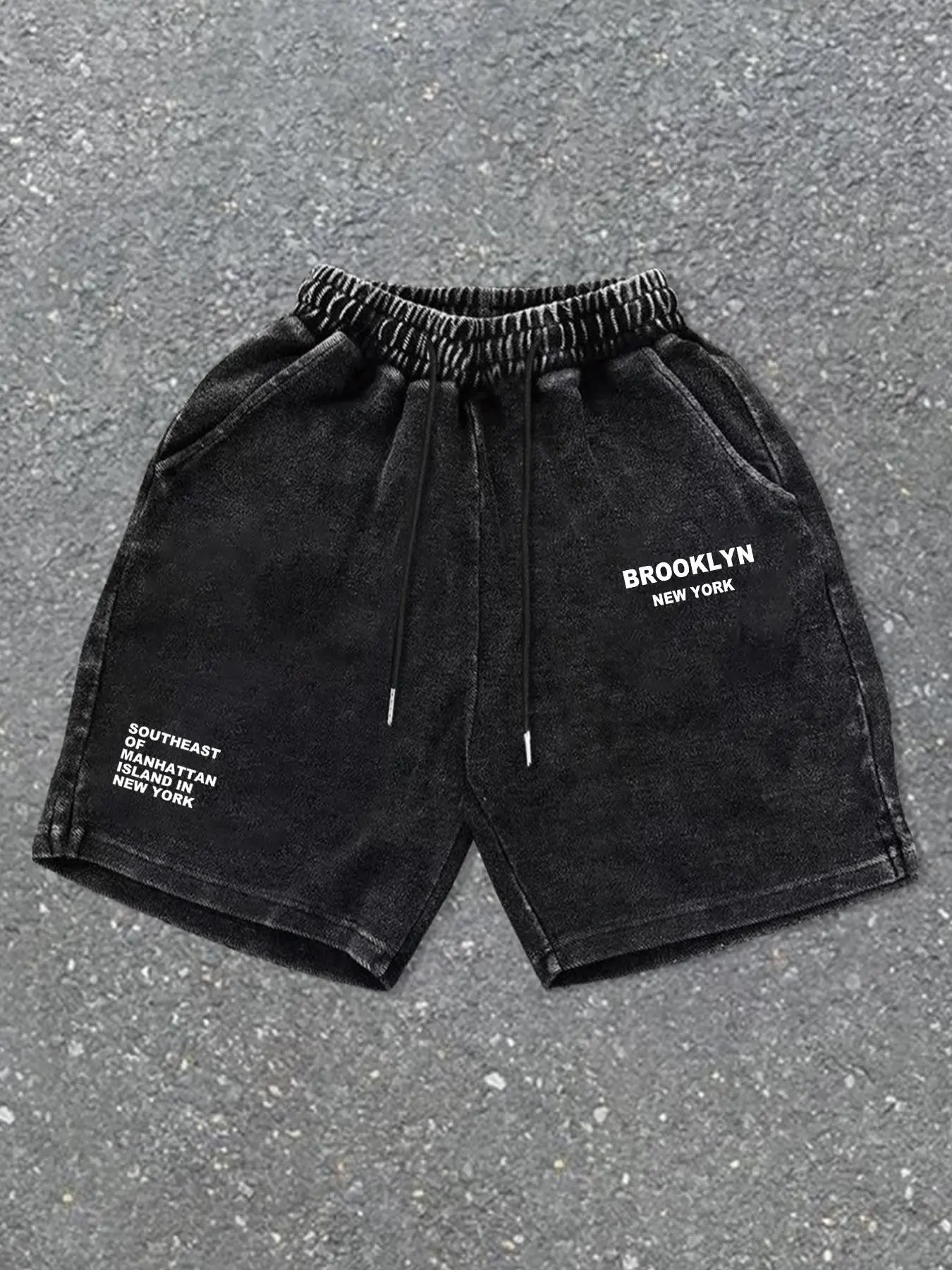 Men's printed shorts, letter print design, retro, Vintage, fashionable, casual, Chic Casual Shorts, nostalgic, washed and distressed drawstring shorts, Menswear, Drawstrings Shorts