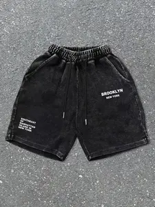 Men's printed shorts, letter print design, retro, vintage, fashionable, casual, nostalgic, washed and distressed drawstring shorts