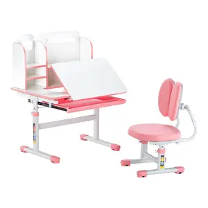 VEVOR Kids Study Chair and Desk Set,  , Study Desk and Chair for Kids with Bookshelf & Storage Drawer, Adjustable Height & 0-40° Tilted Desktop Desk and Chair, Study Table for Bedroom & Study Room, Pink
