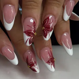 24pcs Retro Queen Nails Oval Pointed French Wearable Nail Art, Wine Floral Gold Beads, Reusable Party Street Daily Use, Handmade Reusable Nails