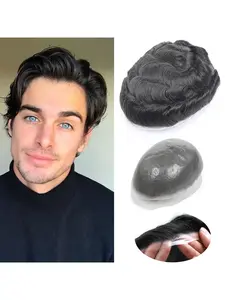 【Father's Day Gift】Toupee Man Wigs Male Hair Prosthesis 100% Real Human Hair #1B Nature Water Wave Black All Skin Transparent PU Around Men 8x10inch Invisible Breathable Natural Hairline Mens Hair Piece Curly Wavy Hairpieces