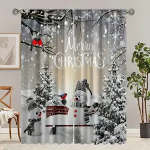 2 pieces, Christmas snowman printed curtains, holiday atmosphere digital printing, pole pocket style, semi sunshade polyester fiber, suitable for home living room, bedroom, balcony, study and caf é window decoration, the best choice for Christmas.