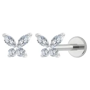 Titanium Butterfly CZ Labret Stud Earrings for Piercings by Ginger Lyne 6Pc Set G23 Screw Front Flat Back Body Jewelry 2 pair posts 6mm, 8mm Cartilage, Helix, Tragus, Lip, Conch, Lobe