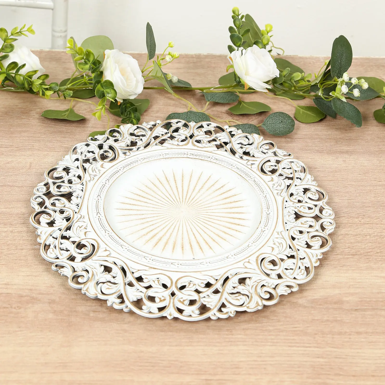 13" Round Acrylic Charger Plates, 6-Pack Antique White with Vintage Flower Motif Carved Rim - Formal Events, Wedding Tabletop Decorative Tableware, Round Plate