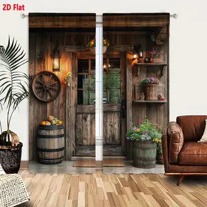 2D Flat 2 Piece Rustic Wooden Porch Style Curtains, Countryside Country Home Decor, With Weathered Wood Door & Wagon Wheel Theme, Light Filtering Sheer & Solid, Perfect for Living Room Bedroom Window Dressing
