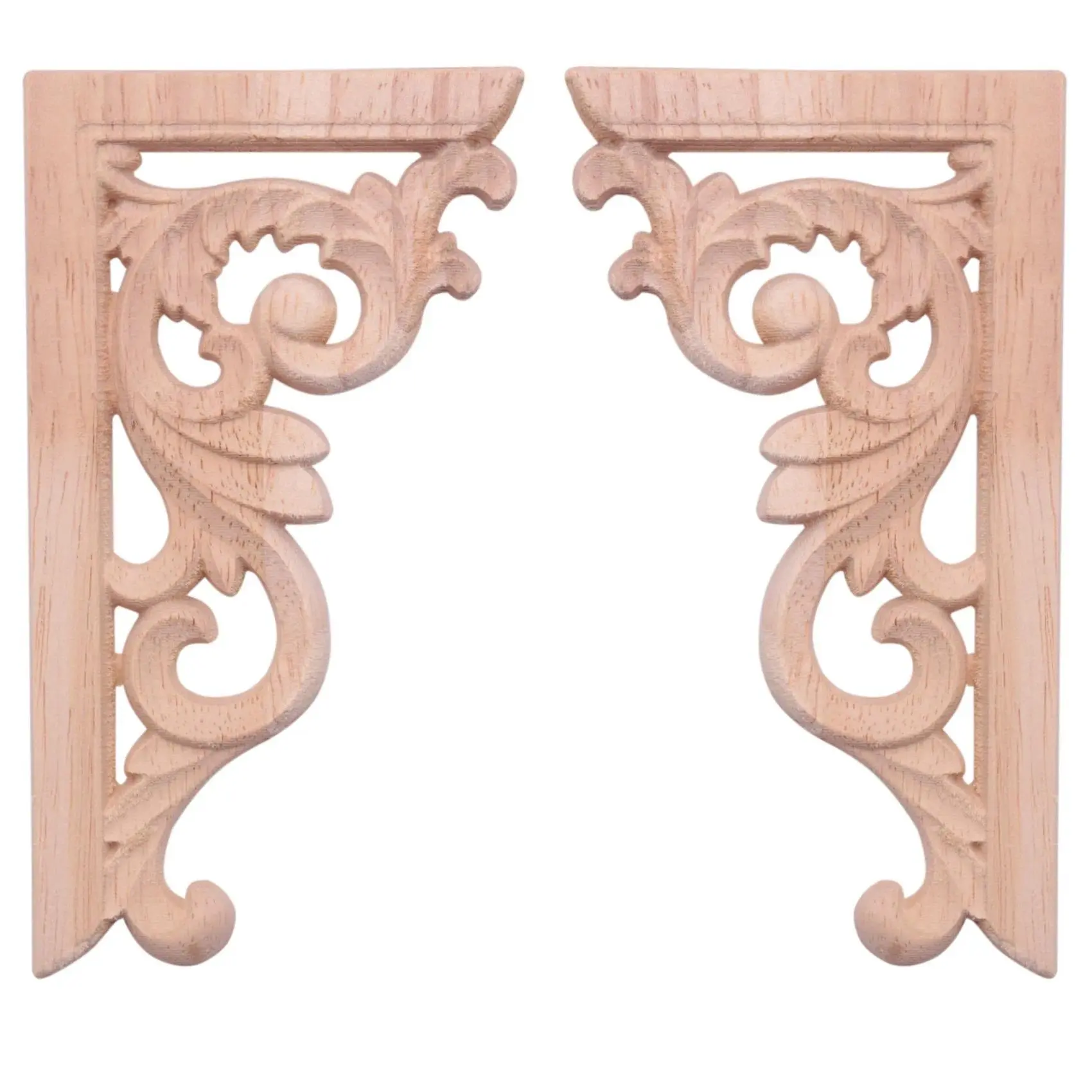 Vintage Oak Wood Carved Corner Onlay - 2pcs Left+Right, 0.8cm/0.31in Thick, 130*70mm Unpainted European Style Decorative Applique, Thick Classic Taste, Create Beautiful Elegant European Style, for Decorating My Apartment, Home Decor Furniture Frames, As S