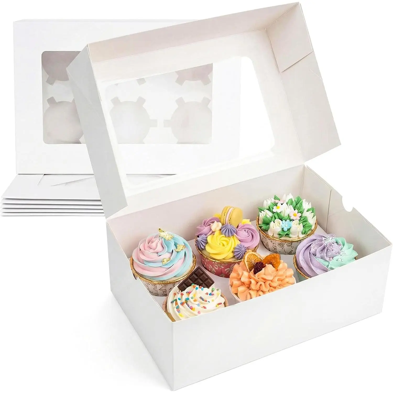 6 Count Cupcake Boxes,6PCS Cupcake Containers with Window White Pastry Boxes for Muffins Pastry Strawberry, Party Supplies 9.5x6.3x3.5 Inch