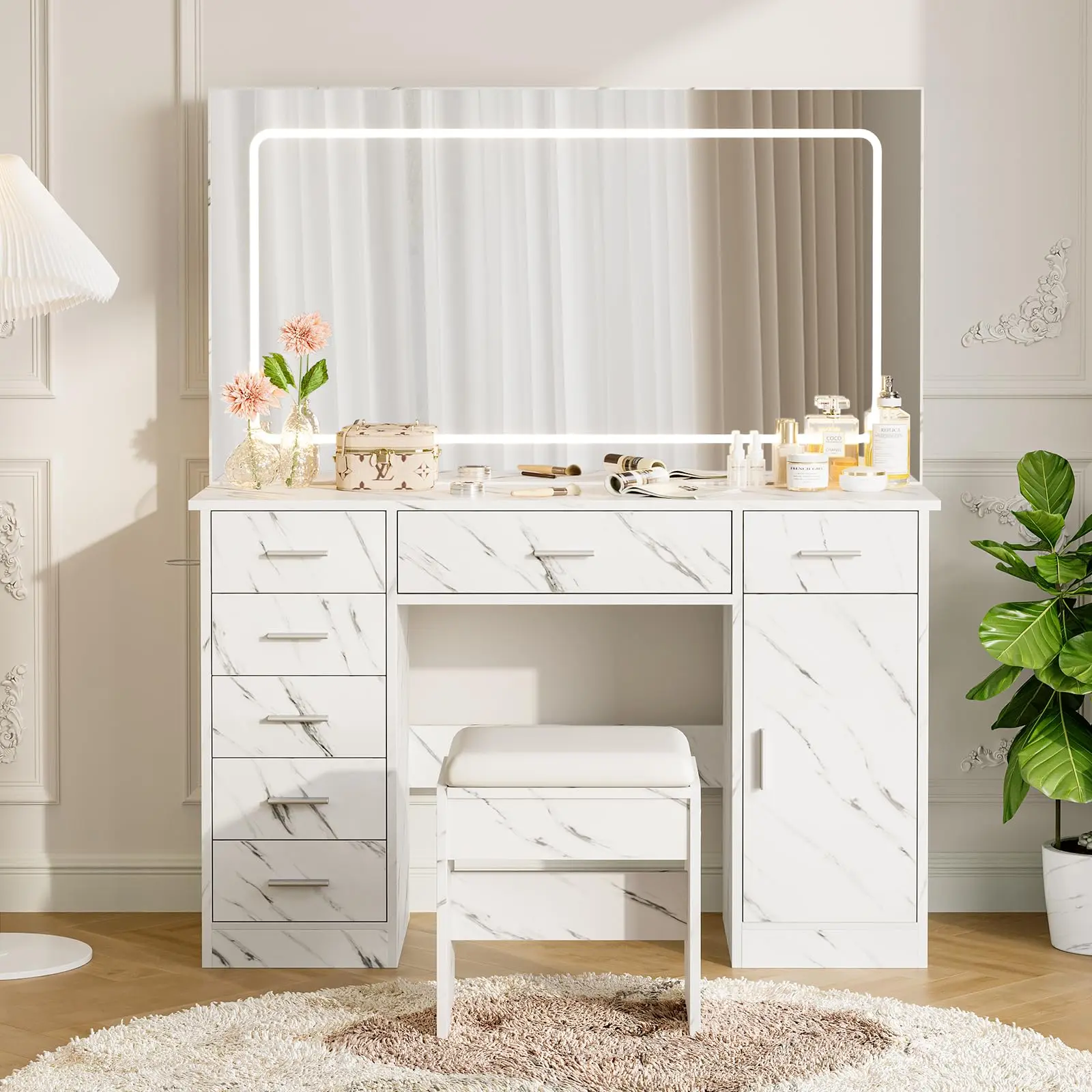 LED Mirror Vanity Desk with 3-Mode Adjustable Lighting, 7 Drawers, Power Outlets & Hair Dryer Holder, Modern Marble White Dressing Table for Bedroom, Mdf Wood, Marble Finish, Padded Stool