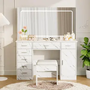 Modern Marble White Vanity Desk with LED Mirror, 7 Drawers, Power Outlets & Hair Dryer Holder, 3-Mode Adjustable Lighting, Bedroom Makeup Dressing Table