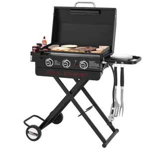 Royal Gourmet 23-Inch Portable 3-Burner Gas Griddle with Collapsible Stand, Portable Griddle with Side Shelf, Left Spice Rack Grill