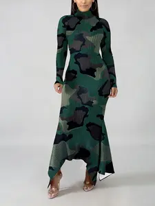 New women's autumn and winter camouflage printed high-necked long-sleeved knit slim hip fishtail dress, very suitable for parties and special occasions, fashionable women's fashion, Christmas dress.