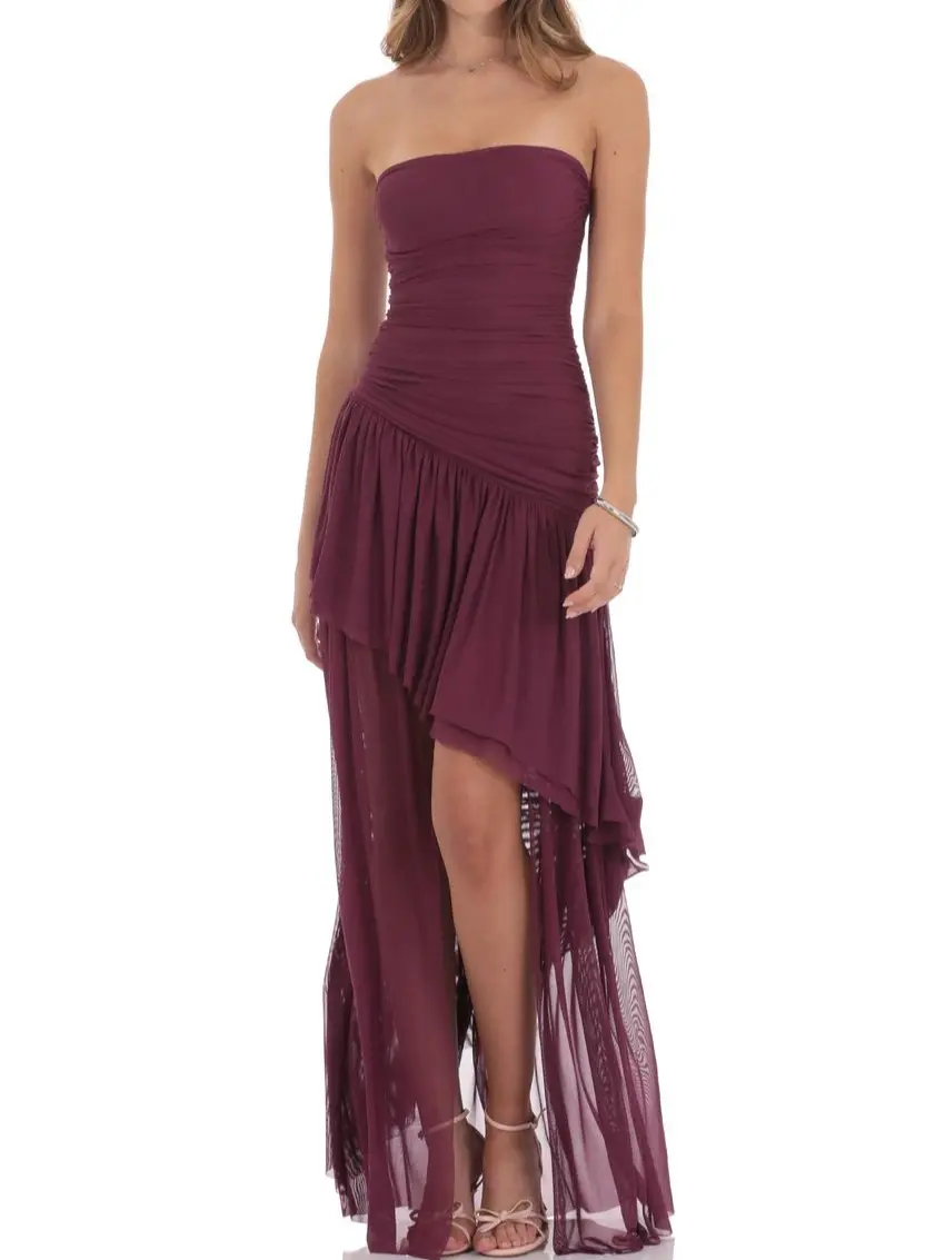 Lucy In The Sky Mesh Asymmetrical High Low Maxi Dress in Plum - TikTok Shop
