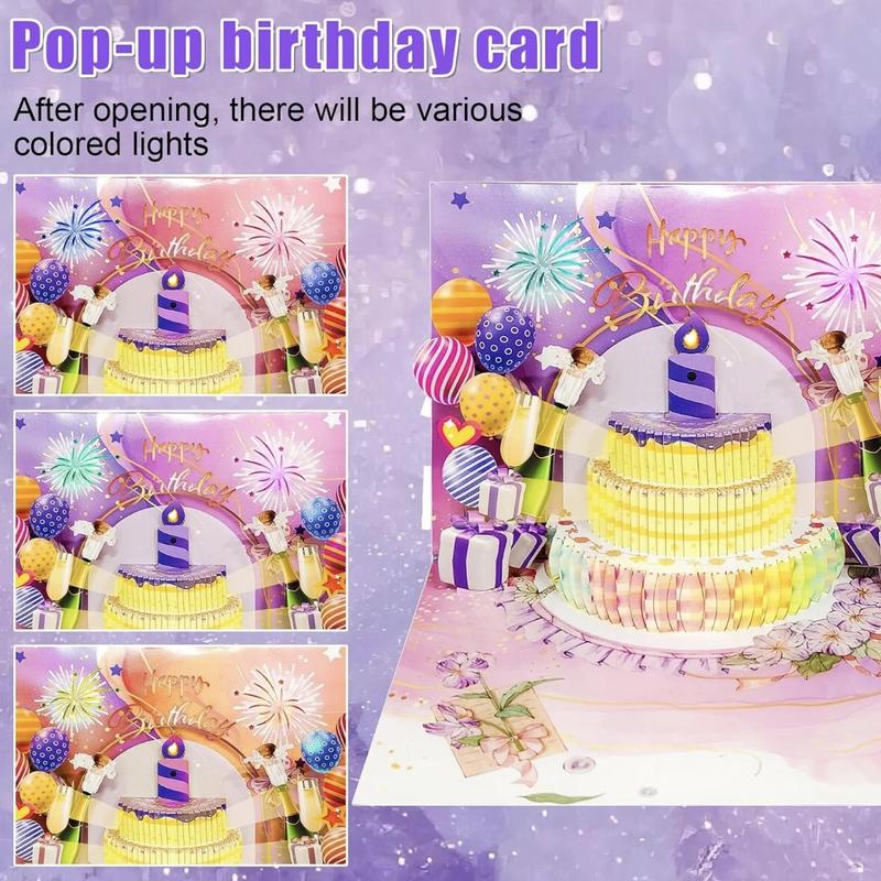 BREEZA Birthday Cards Fireworks Pop Up Cake Blowable Light and Music Happy Birthday CardGifts for Wife,Husband, Grandpa,Grandma,Daughter,Son Birthday Gift,Cake Fireworks LED Candle Lights,3D Birthday Card with Music and Colorful Lights