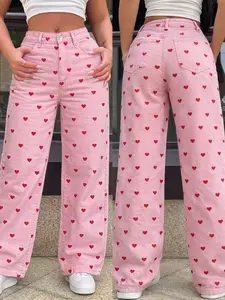 Summer New Y2K Style Heart Print Jeans Women, High Waist Wide Leg Pants, Casual Teen Fashion, Conceals Fat, Highlights Height, Comfortable Fit