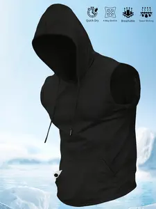 Men's Sleeveless Hoodie, Quick Dry, Athletic Fitted Breathable Workout Tank Tops, Gym Muscle Hooded Shirts with Pocket, Ideal for Running & Training