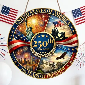 1pc United States of America 250th Anniversary Round Aluminum Hanging Ornament, Hangable, American Flag Eagle Statue of Liberty Pattern, Suitable for July 4th Independence Day Decor, Memorial Day Decor, Home Decor, Decorations, Patriotic Decorations