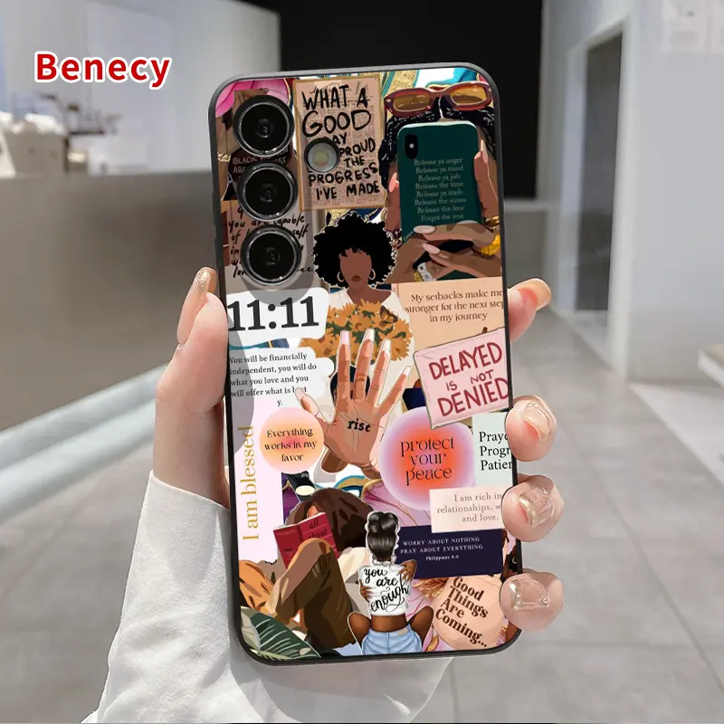 Straight Edge Phone Case Compatible with Galaxy S26 S23 Ultra S24 Plus S25 S22+  Empowering Mosaic Pattern Shockproof Liquid Silicone TPU Bumper Drop Protection Cover Smartphone Casing Protective Cellphone