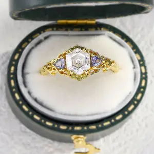 Unique Three Stone Hexagon Moissanite and sapphire Leaf Ring