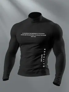 Men's Solid Color Casual Tight-Fitting Long Sleeve Shirt, High Neck Gym Workout Top, Athletic Activewear, Fashionable Men's Clothing for Daily Wear & Fall Season