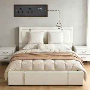 Queen Bed Frame, PU Upholstered Queen-Size Lift-Up Storage Platform Bed with LED Lights Headboard, Charging Station, Hydraulic Support, Metal Slats Support, No Box Spring Needed (White)