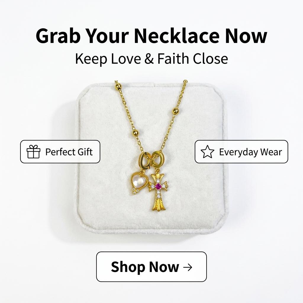 Pink Diamond Cross & Heart Shell Pendant Clavicle Necklace